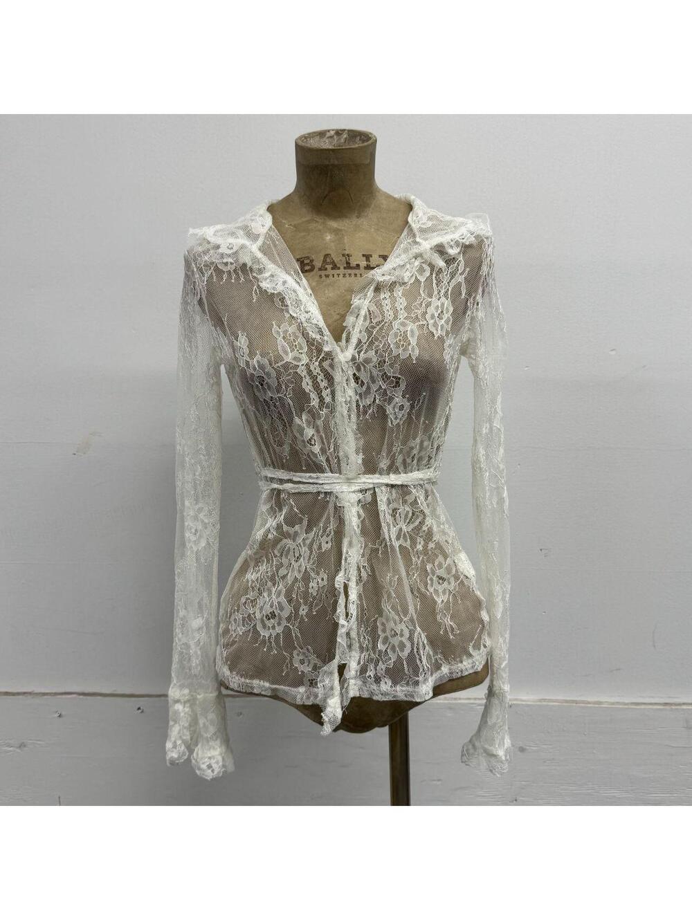 Sheer White Floral Lace Wrap Tie-Waist Blouse / Cardigan